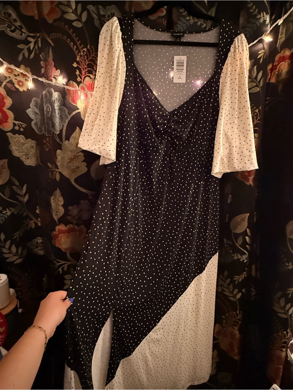 torrid Black and Cream Polka Dot Midi Dress with Puff Sleeves